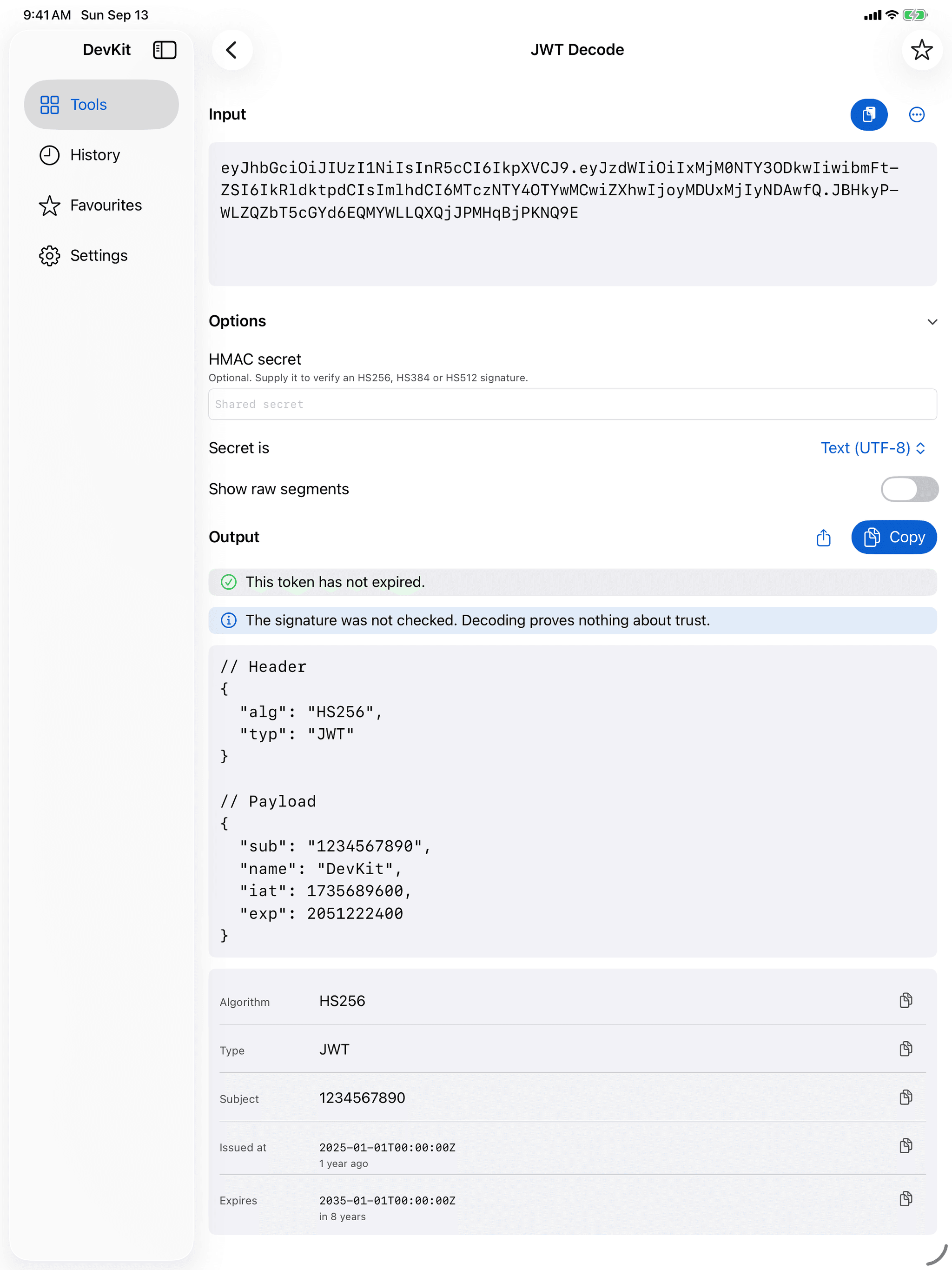 JWT Decode on iPad, with the sidebar, the token and its options, and the decoded header, payload and claims.