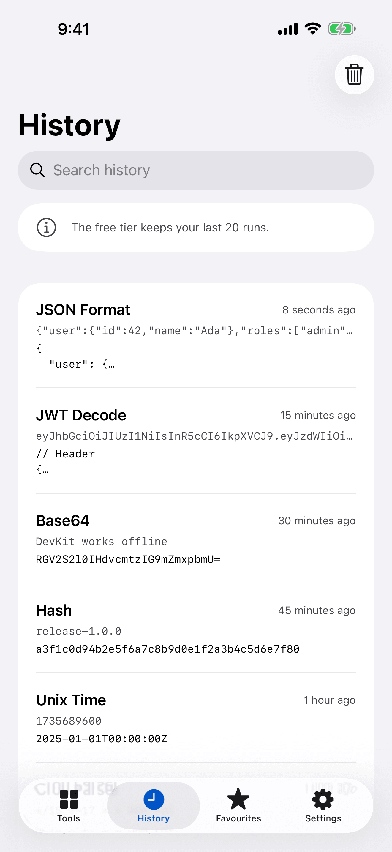 History on iPhone: recent runs of JSON Format, JWT Decode, Base64, Hash and Unix Time, noting that the free tier keeps the last 20 runs.