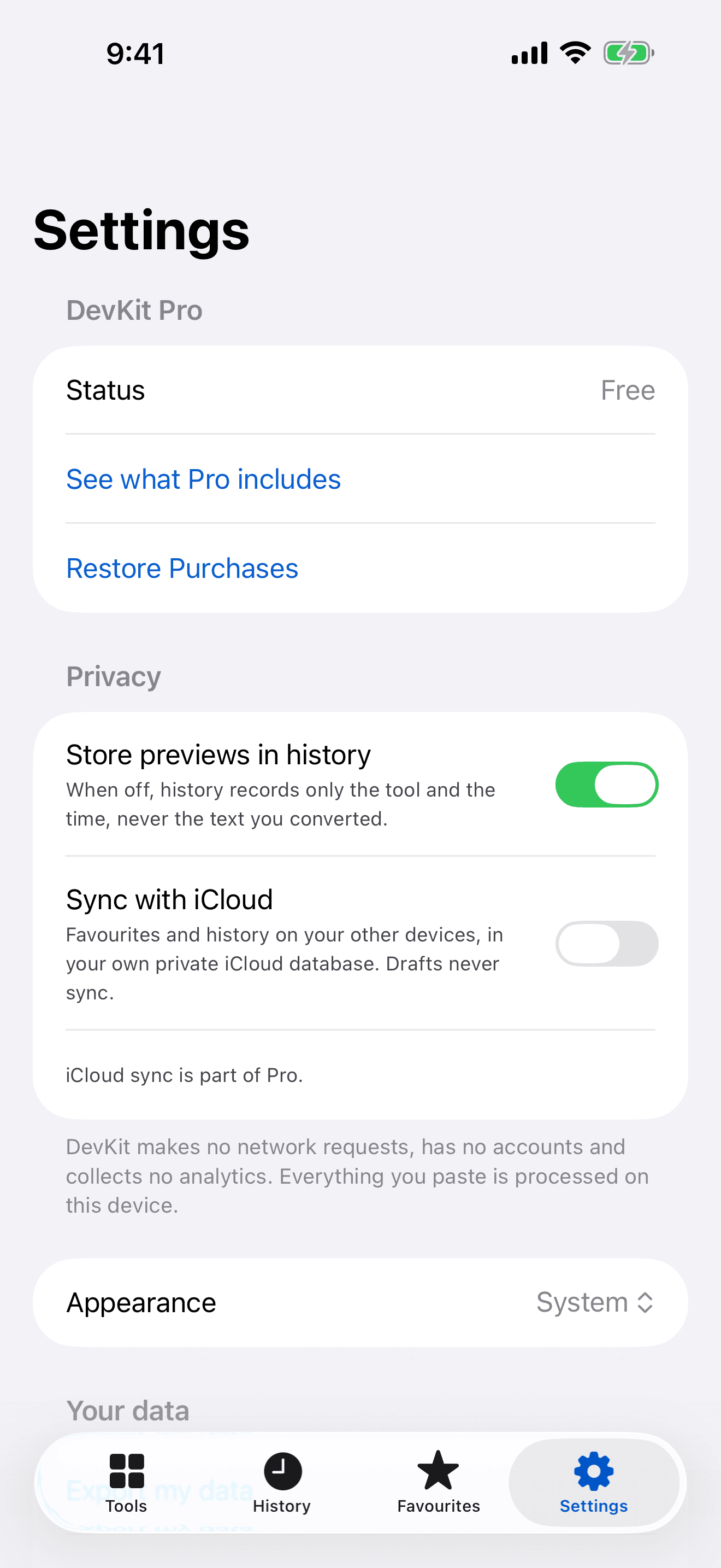 Settings on iPhone: Store previews in history switched on, Sync with iCloud switched off, and a note that DevKit makes no network requests.