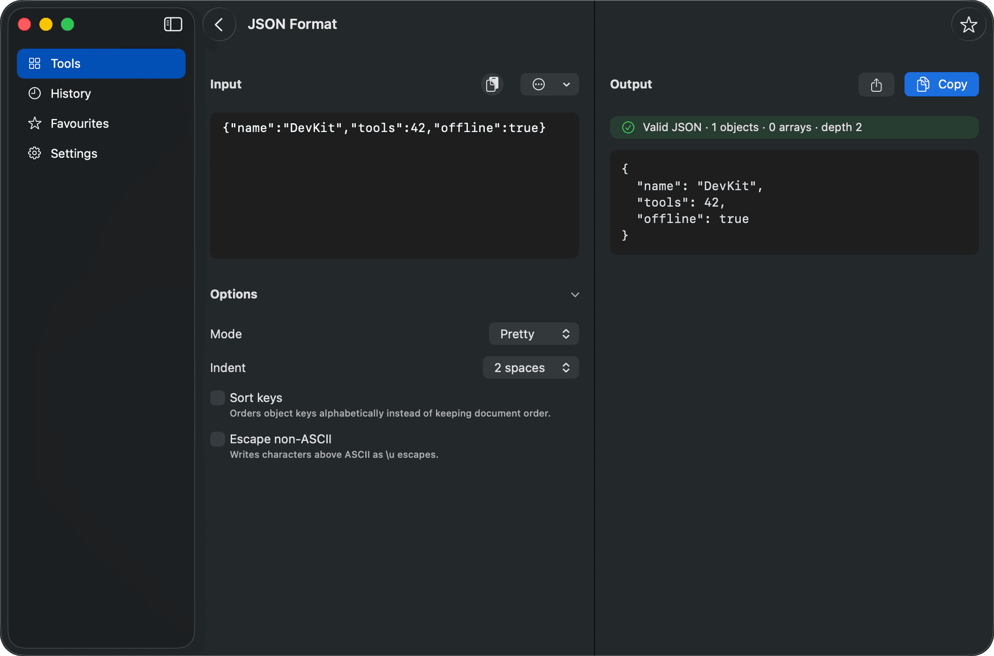 JSON Format on Mac in dark mode: minified JSON as input, and the same JSON validated and pretty-printed as output.