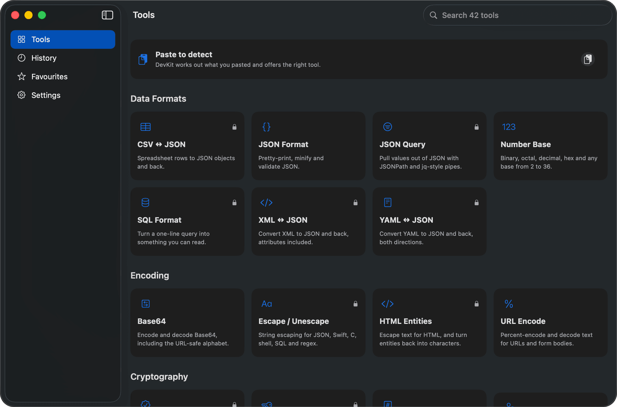 DevKit on Mac in dark mode: the sidebar and the tool browser showing Data Formats and Encoding tools.